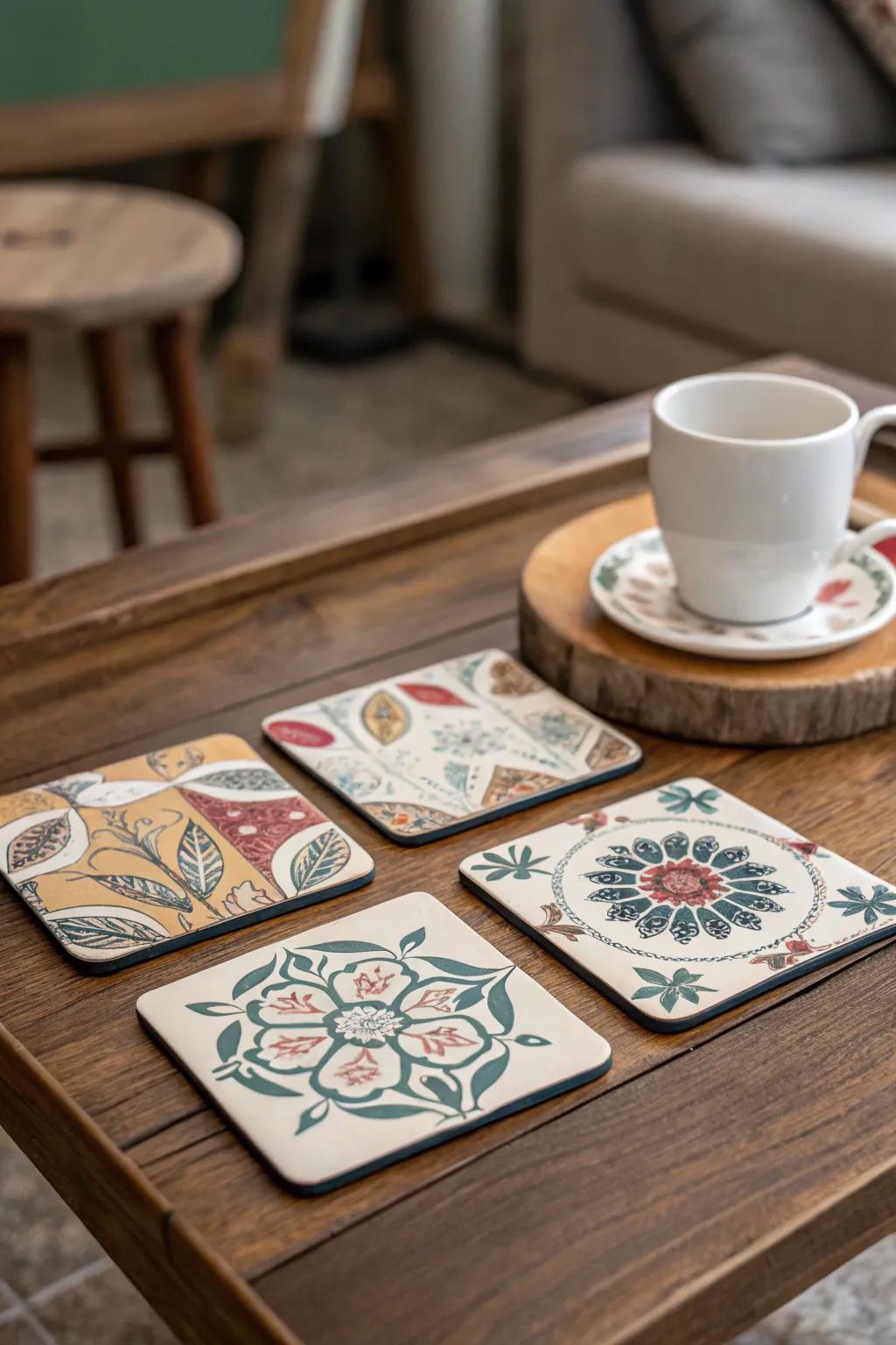 Stylish coasters adding a touch of elegance to coffee table decor.