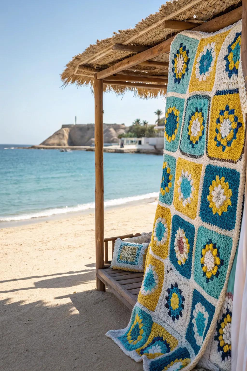 A breezy beach cover-up made from granny squares, perfect for seaside adventures.