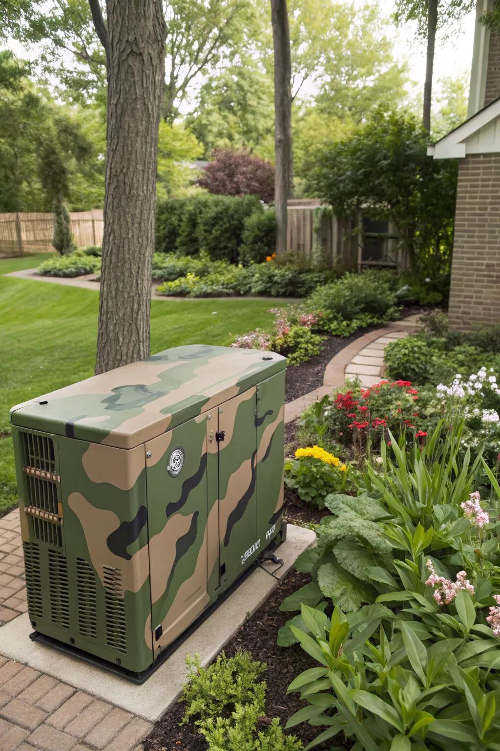 Camouflaged paint helps the generator blend seamlessly into the garden.