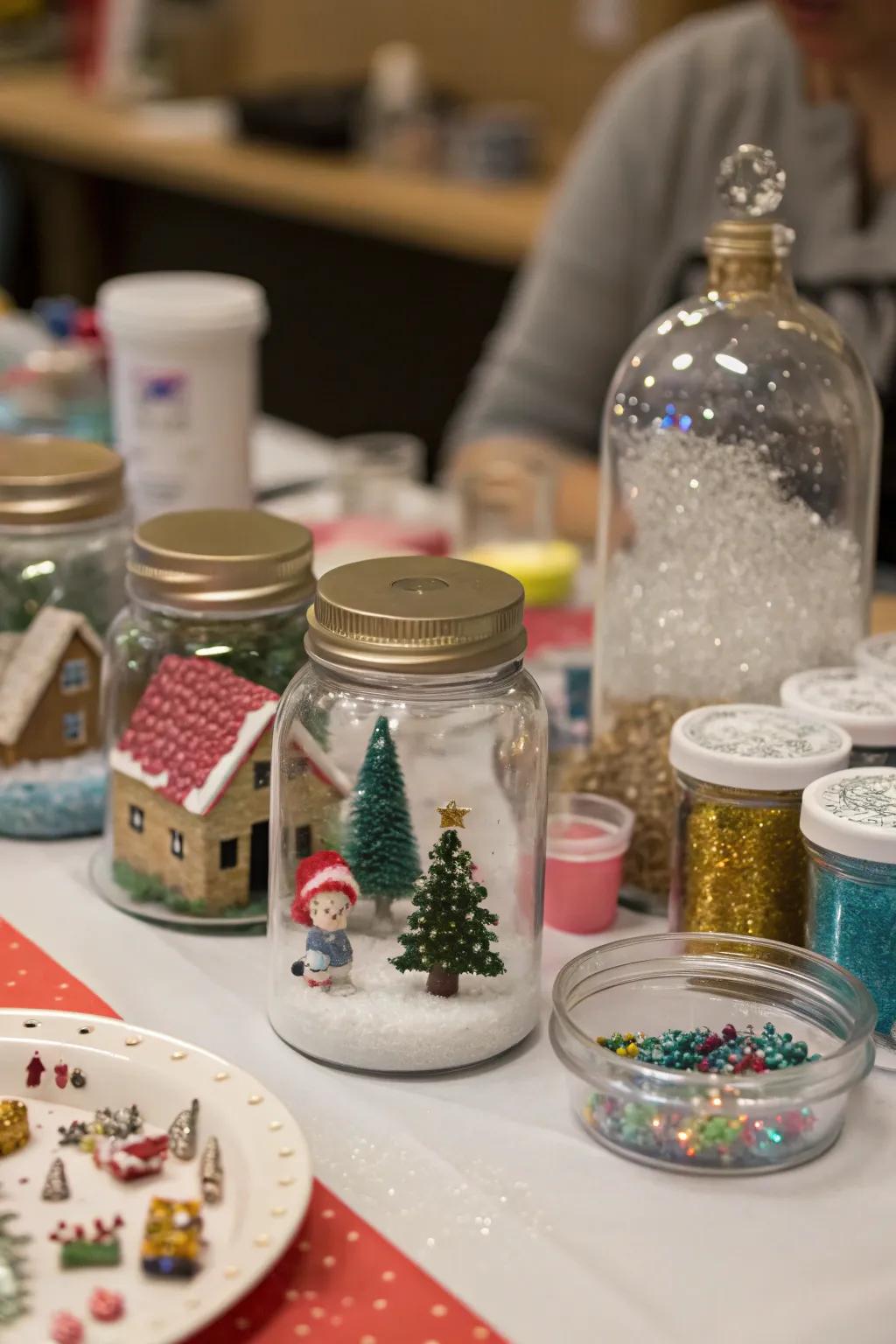 Crafting materials for creating magical DIY snow globes.