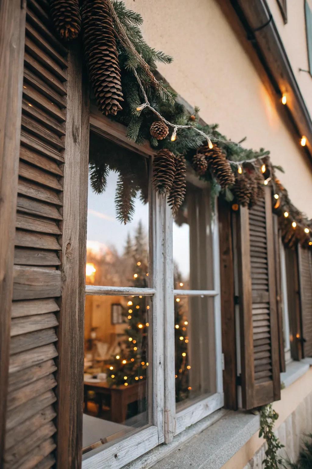 A natural pinecone garland adding rustic charm to a window.