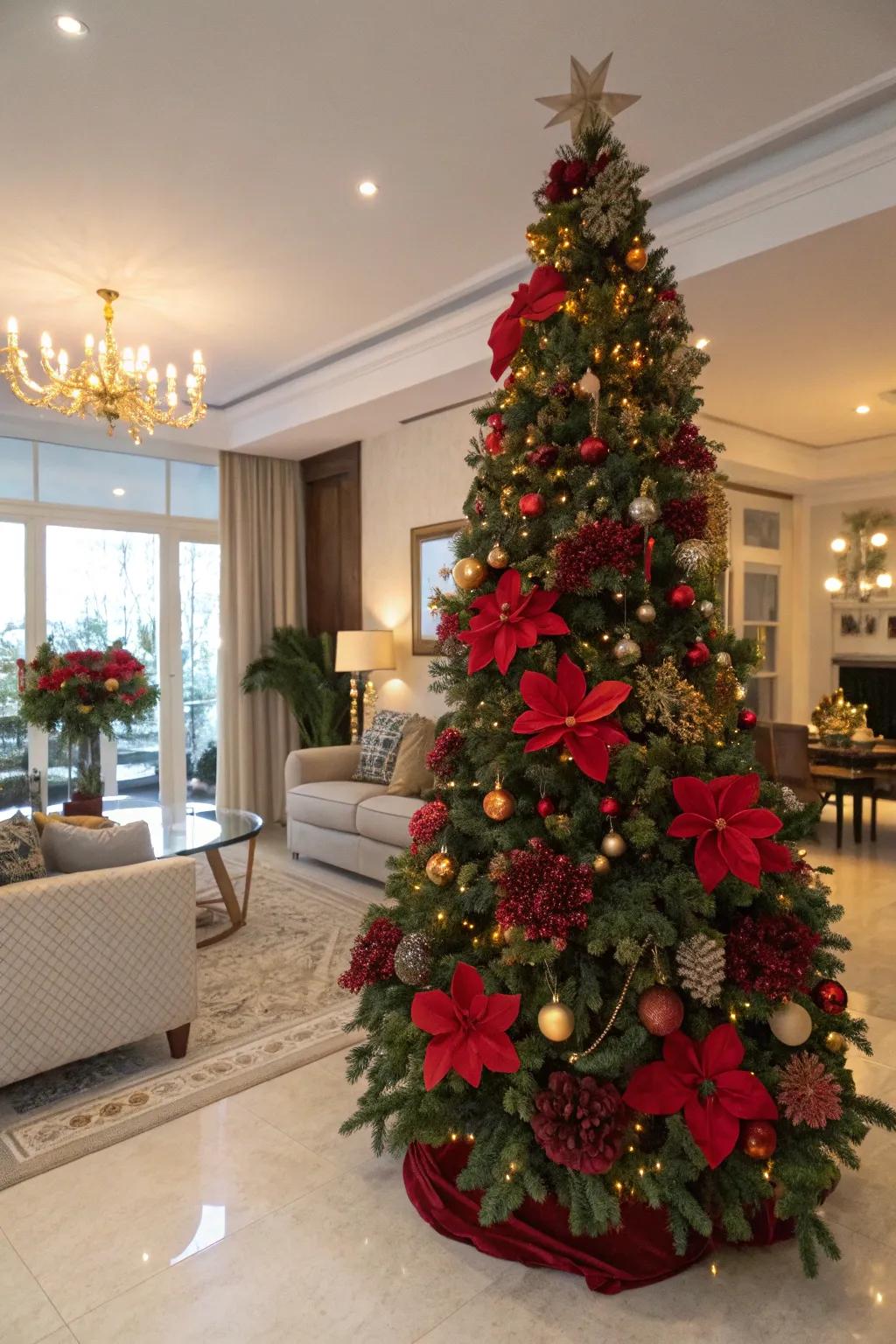 A Christmas tree adorned with floral accents for a fresh and vibrant look.