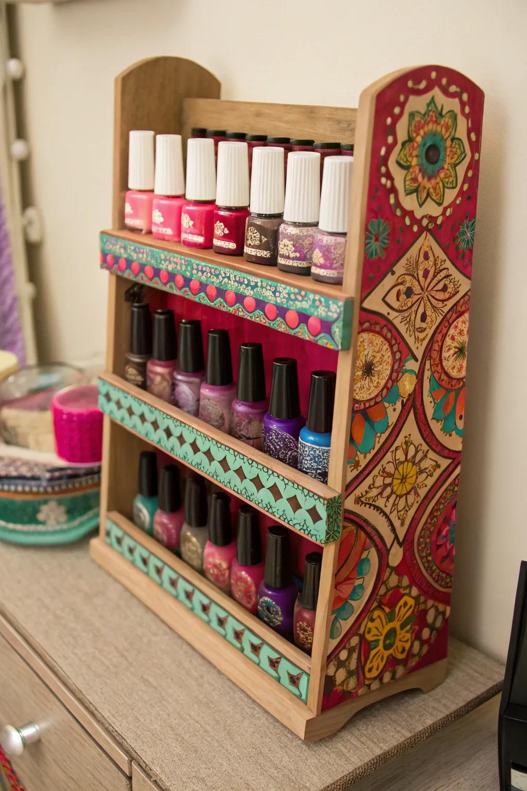 A painted wooden rack adds a personal and colorful touch to your storage.