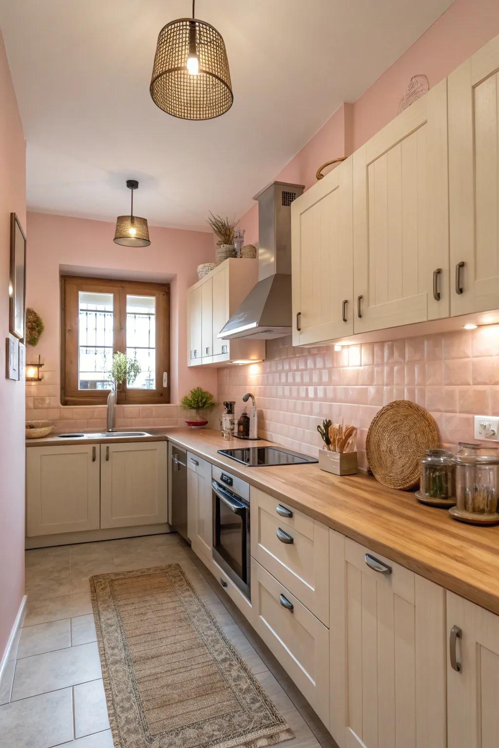 A sophisticated kitchen with pale pink as a neutral.