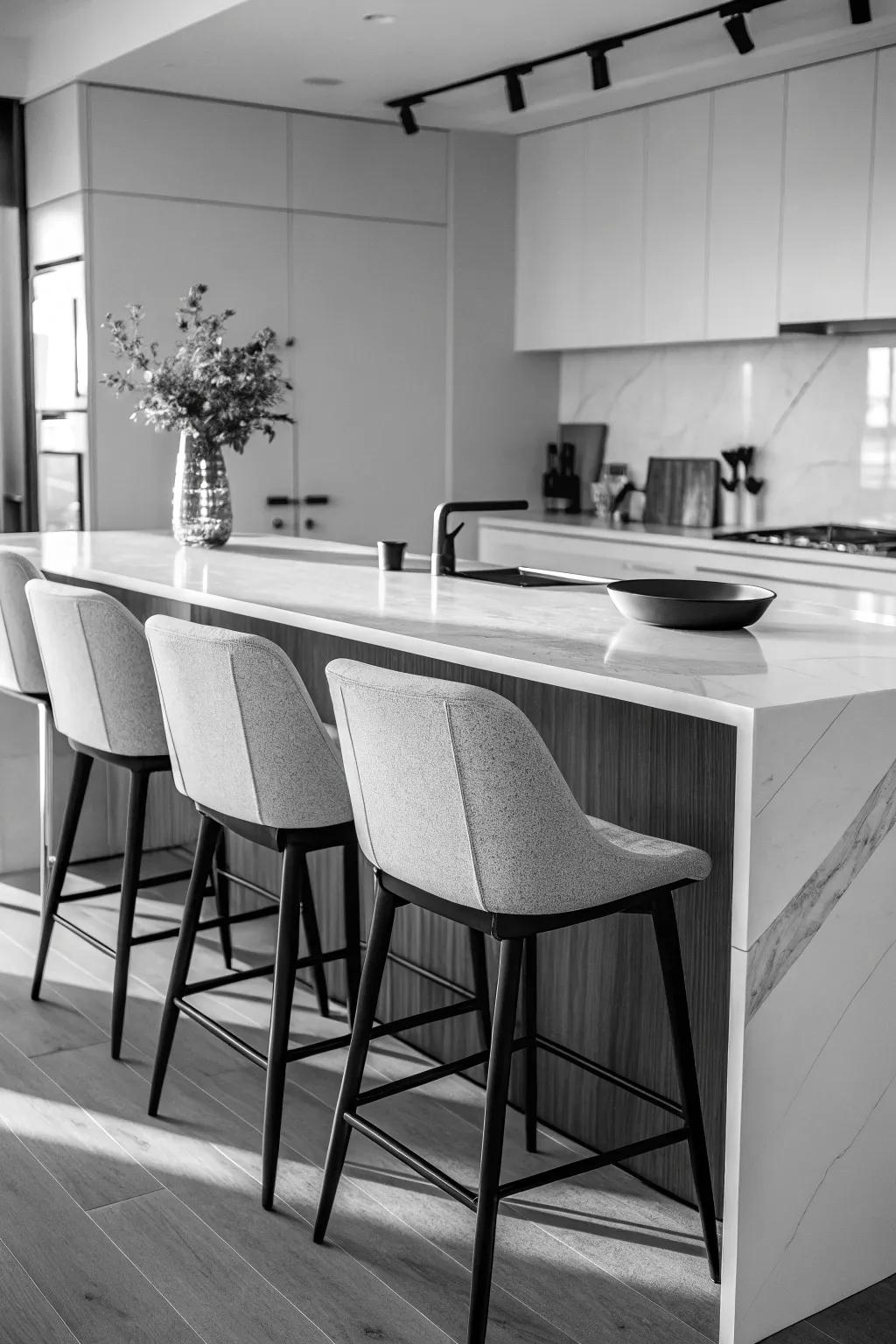 A modern kitchen design with a monochrome peninsula and matching seating.