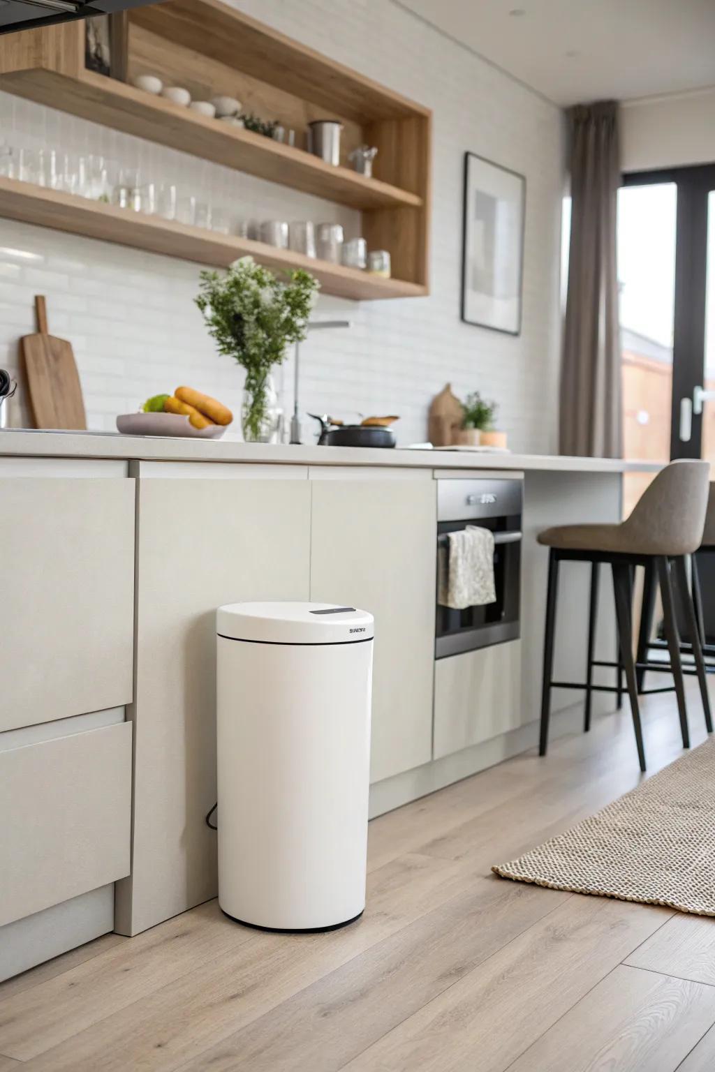 A minimalist design trash can enhancing a modern kitchen's simplicity.