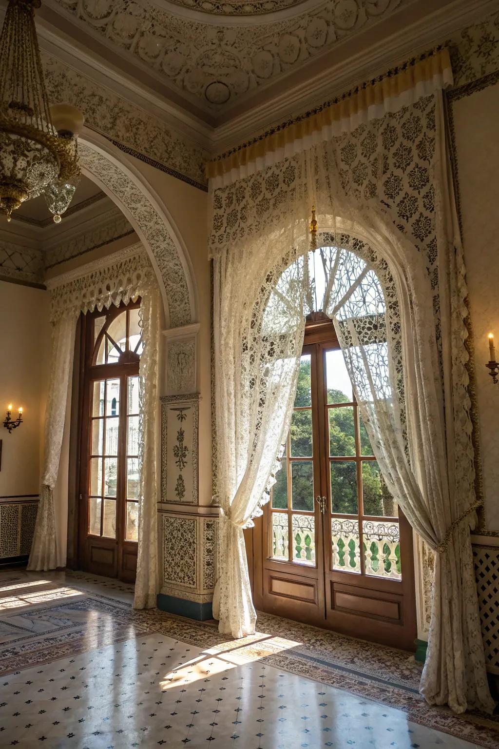 Lace curtains highlight architectural beauty.