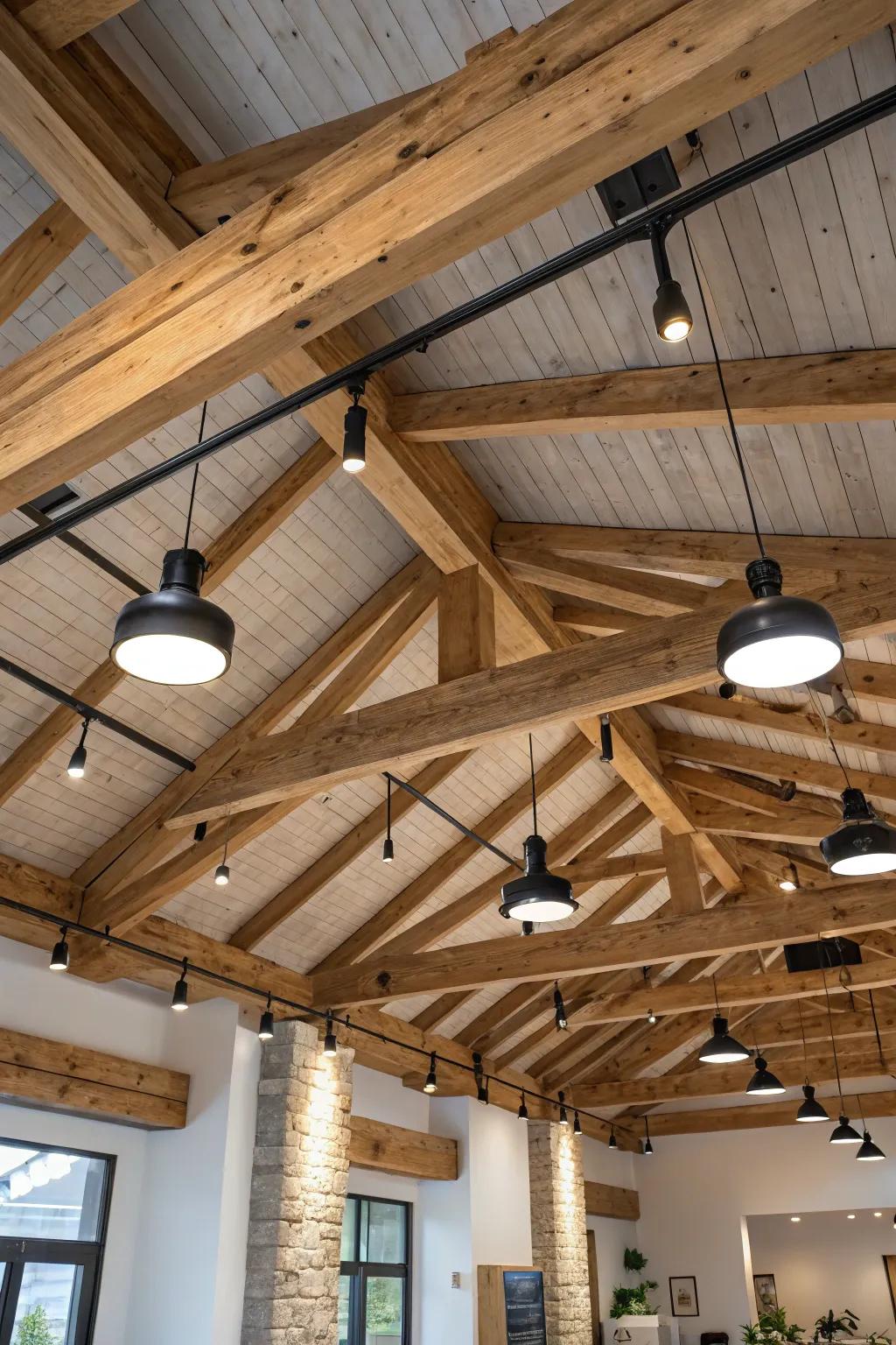 Lighting fixtures mounted on beams offer a sleek look in a vaulted ceiling.