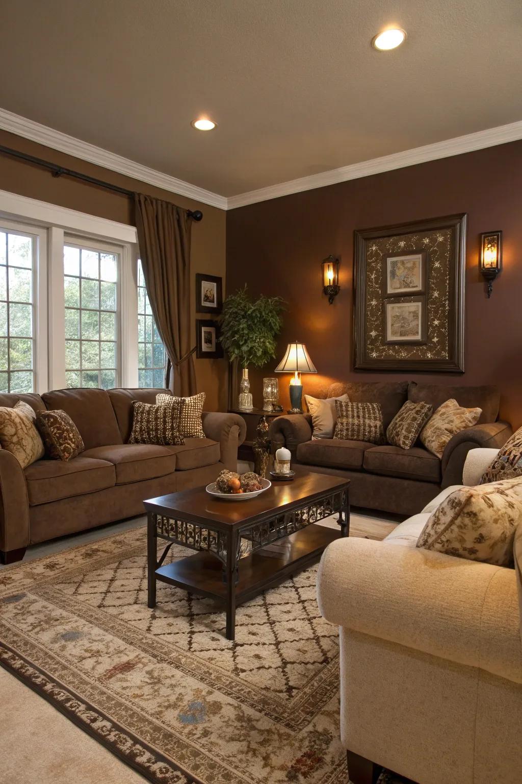 Chocolate brown walls add warmth and coziness to this inviting living room.