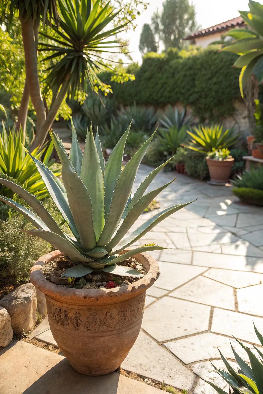 Agave's bold form and low water needs make it a striking choice.