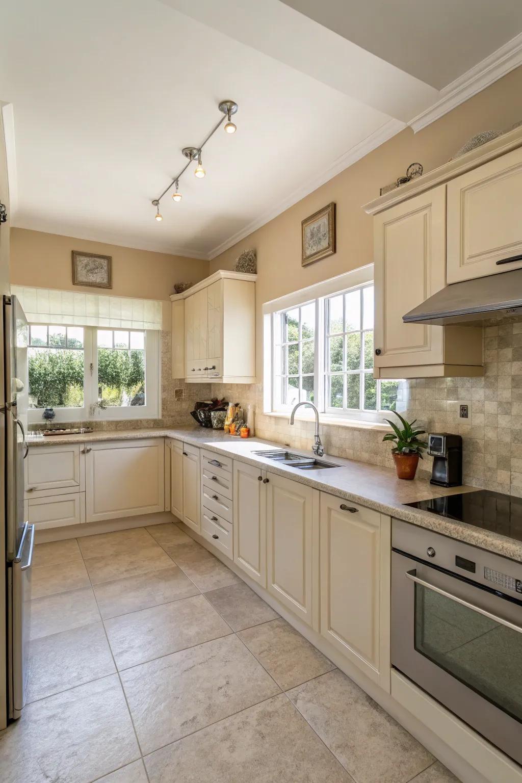 Beige walls offer a warm and versatile backdrop for the kitchen.