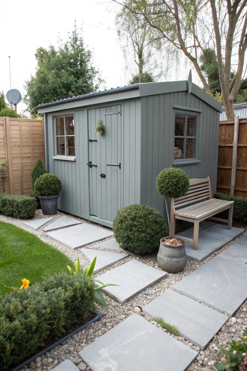 A concrete grey shed adding an urban edge to a city garden.