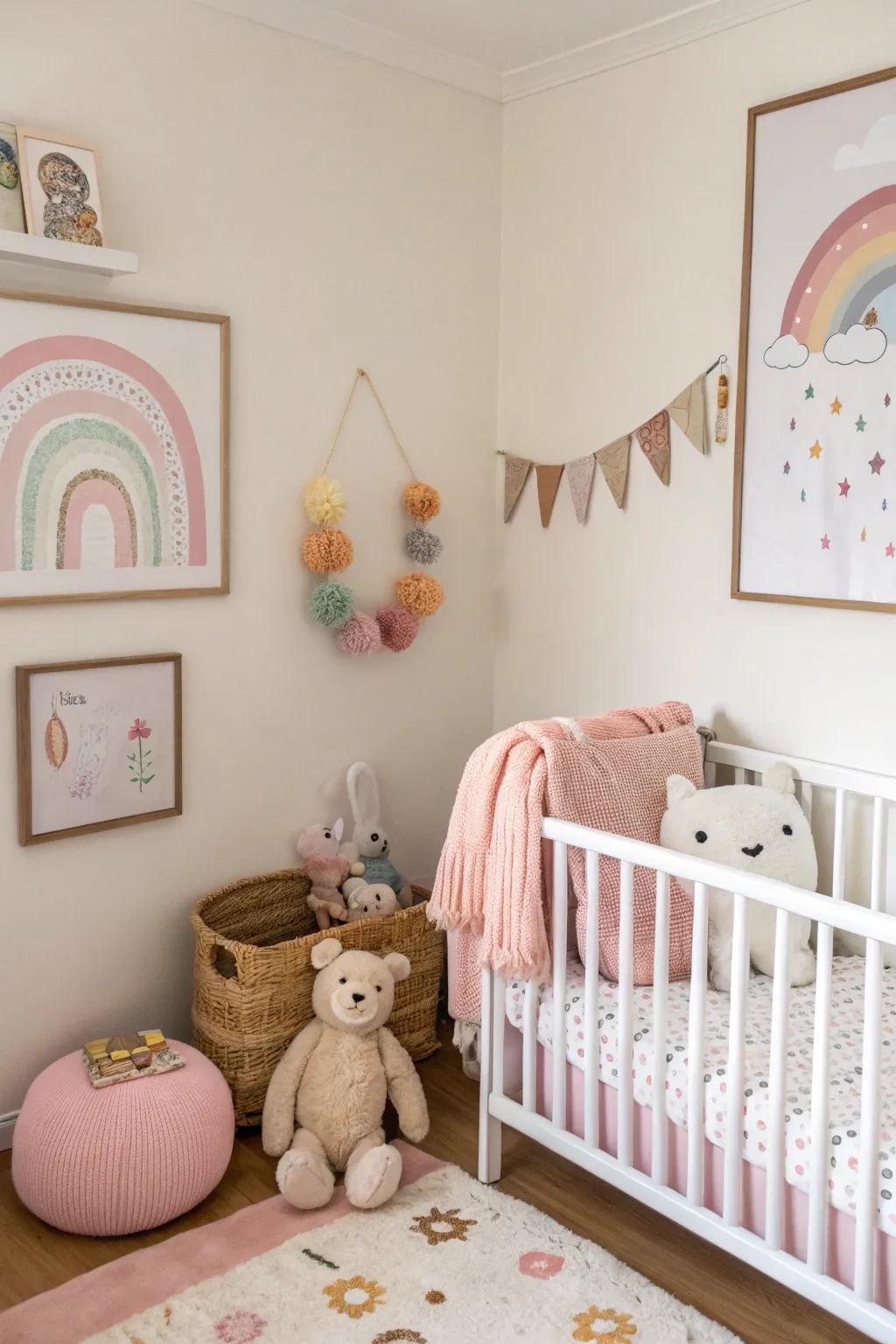 Decorative wall art adding personality to a small room with baby decor.