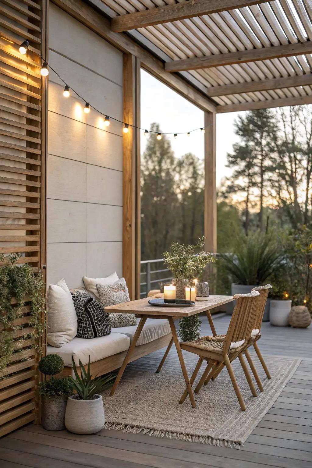 Wood slats provide a sleek and minimalist privacy solution.