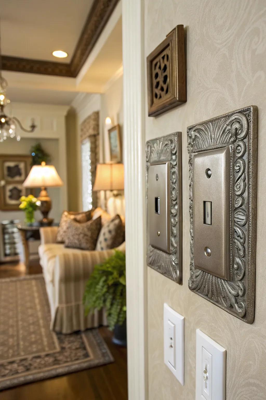 Pewter light switch covers add a unique twist to interiors.