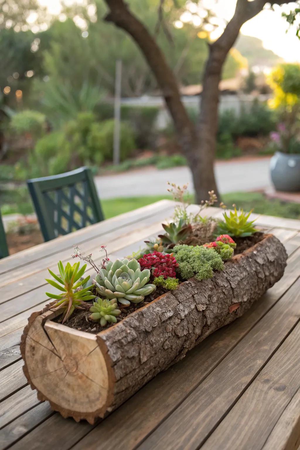 A log planter brings rustic charm to any setting.