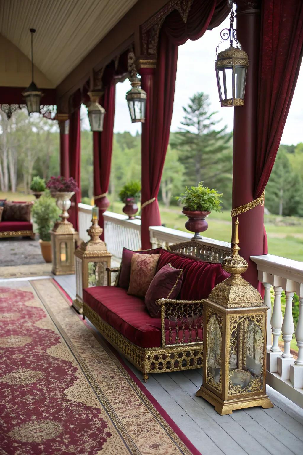 Rich burgundy adds depth and elegance to this luxurious porch.