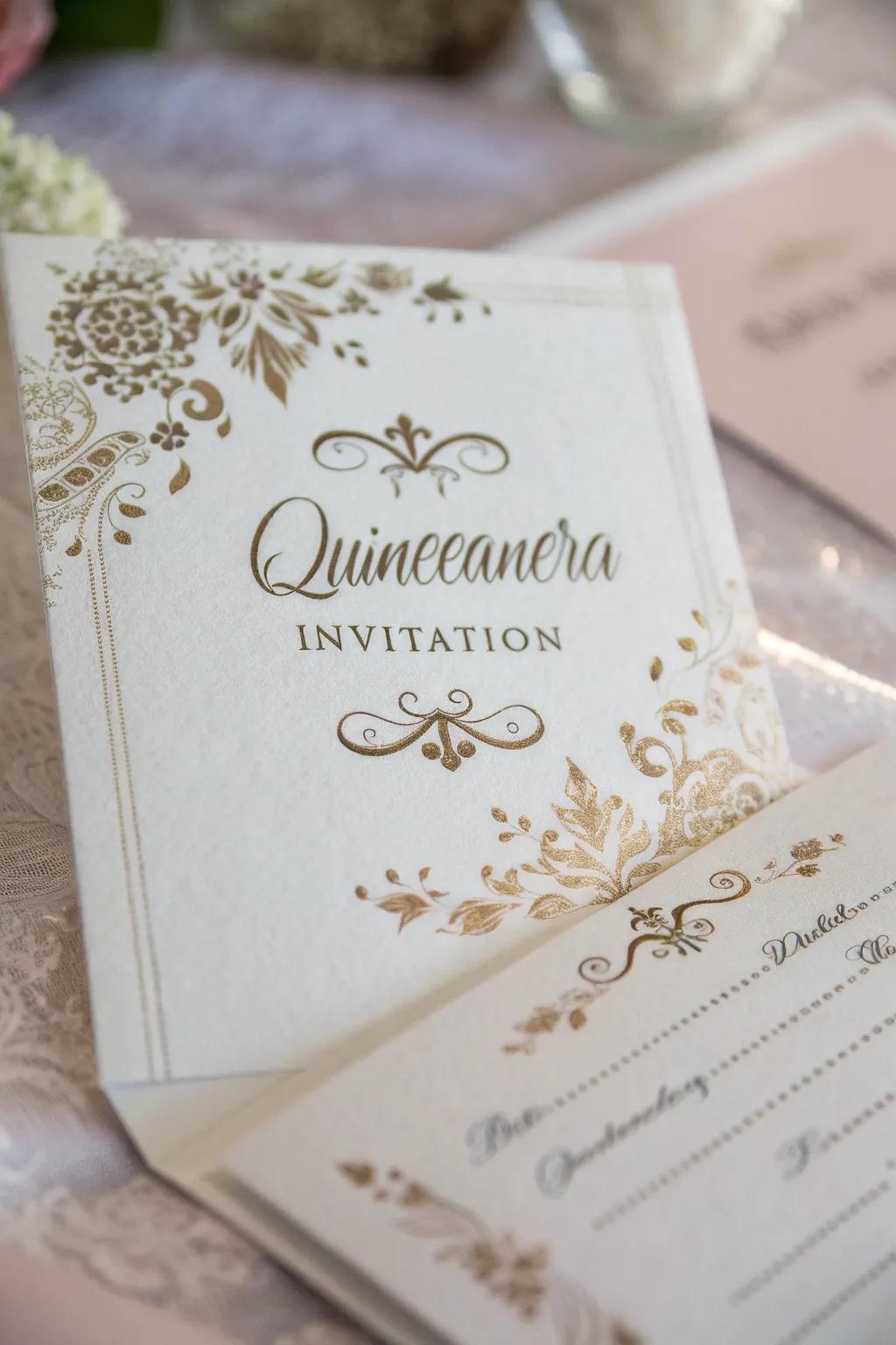 An elegant quinceañera invitation with beautiful calligraphy