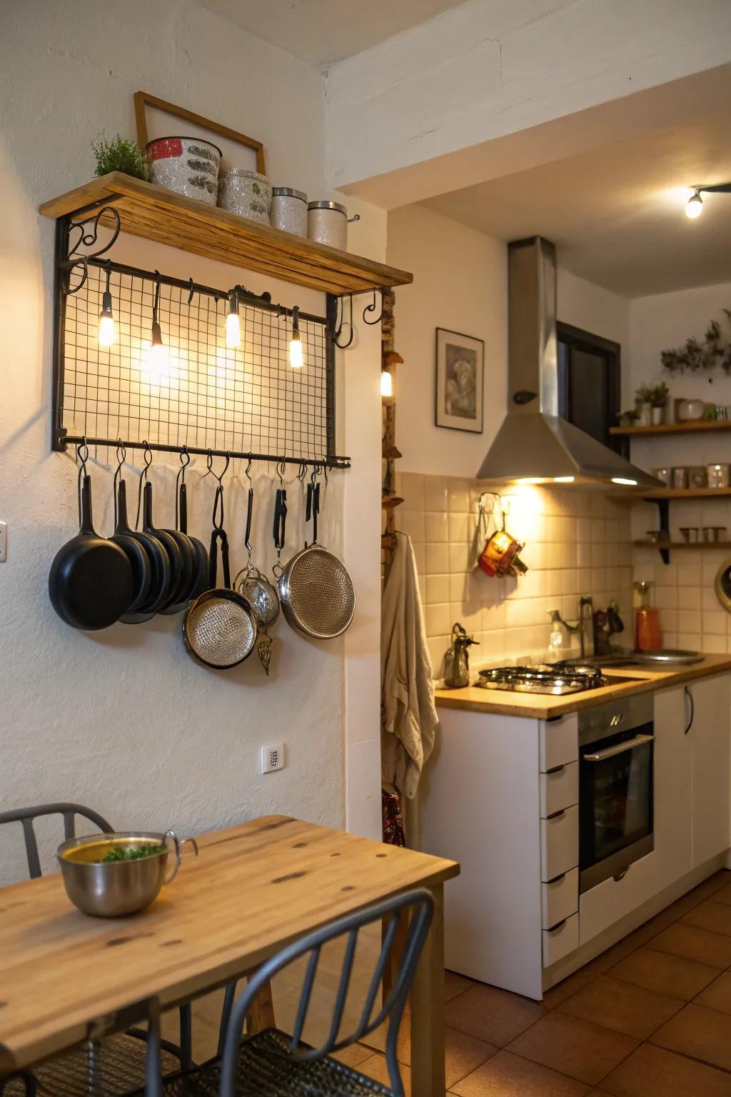 A wall-mounted pot rack in a small kitchen saves space and adds charm.