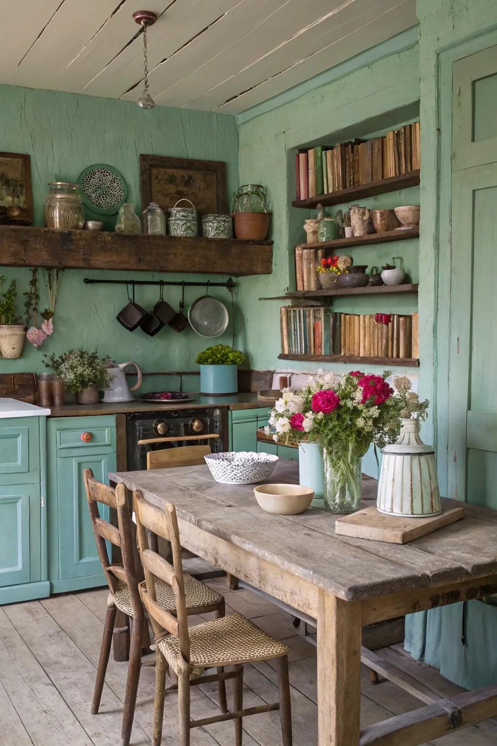 Rustic charm with seafoam green walls and vintage-inspired decor.