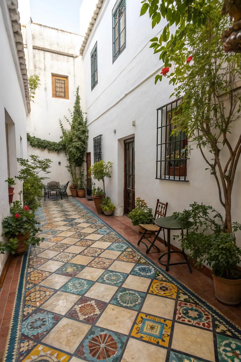 A small courtyard with vibrant mosaic tiles on the floor.