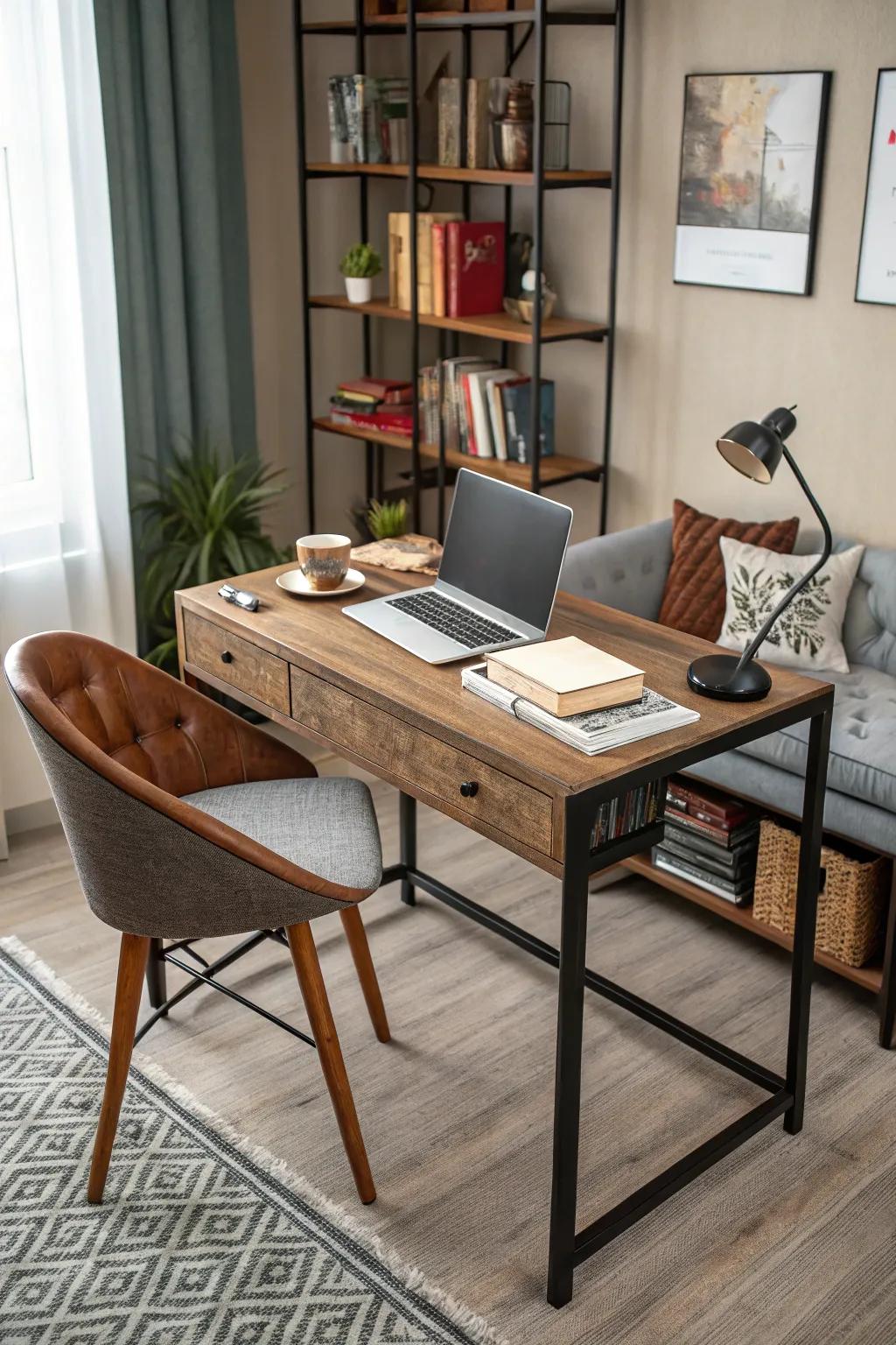 A writing desk that combines modernity with natural charm.