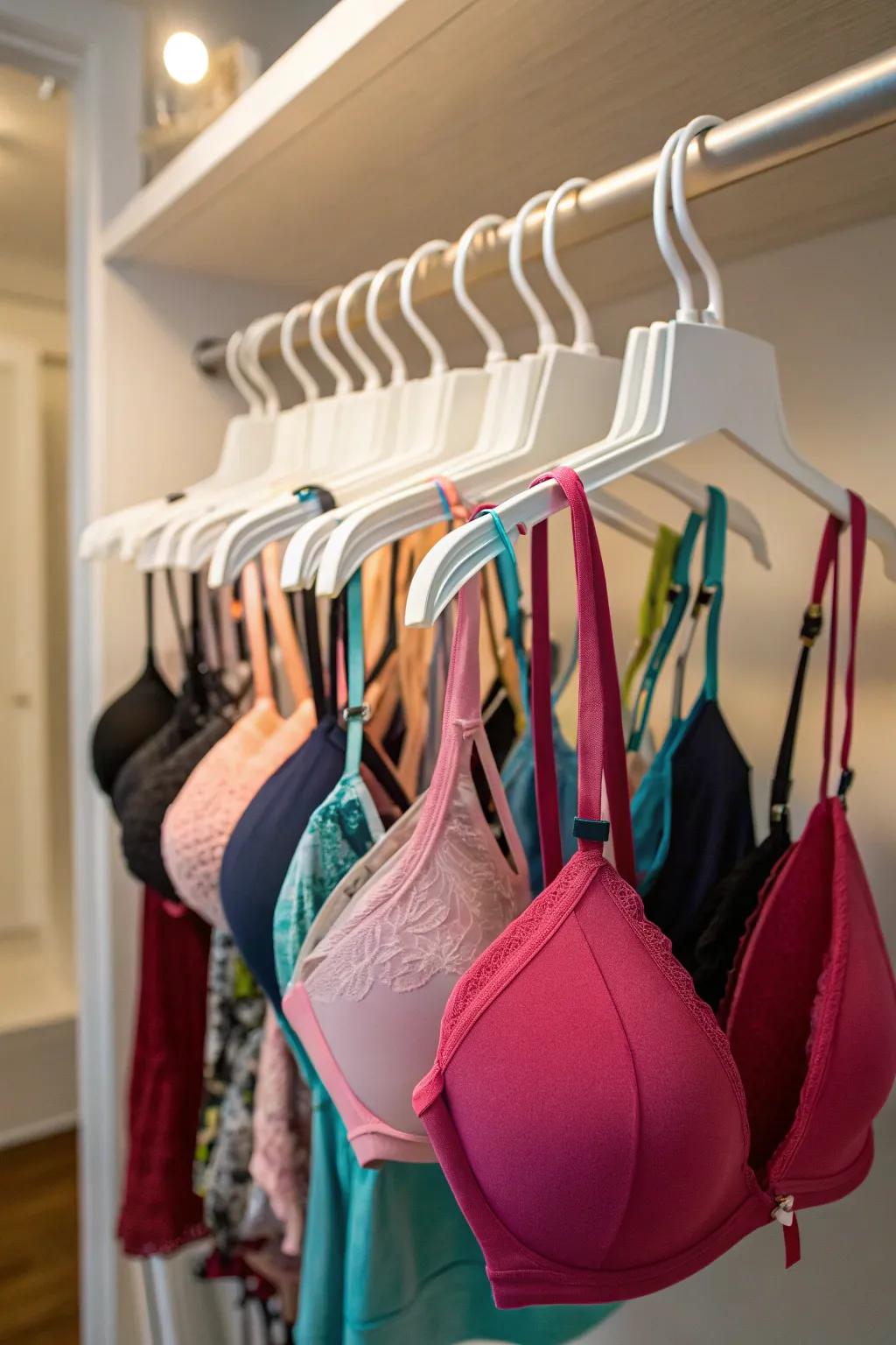 Bras hung on a closet rod stay in shape and are easy to access.