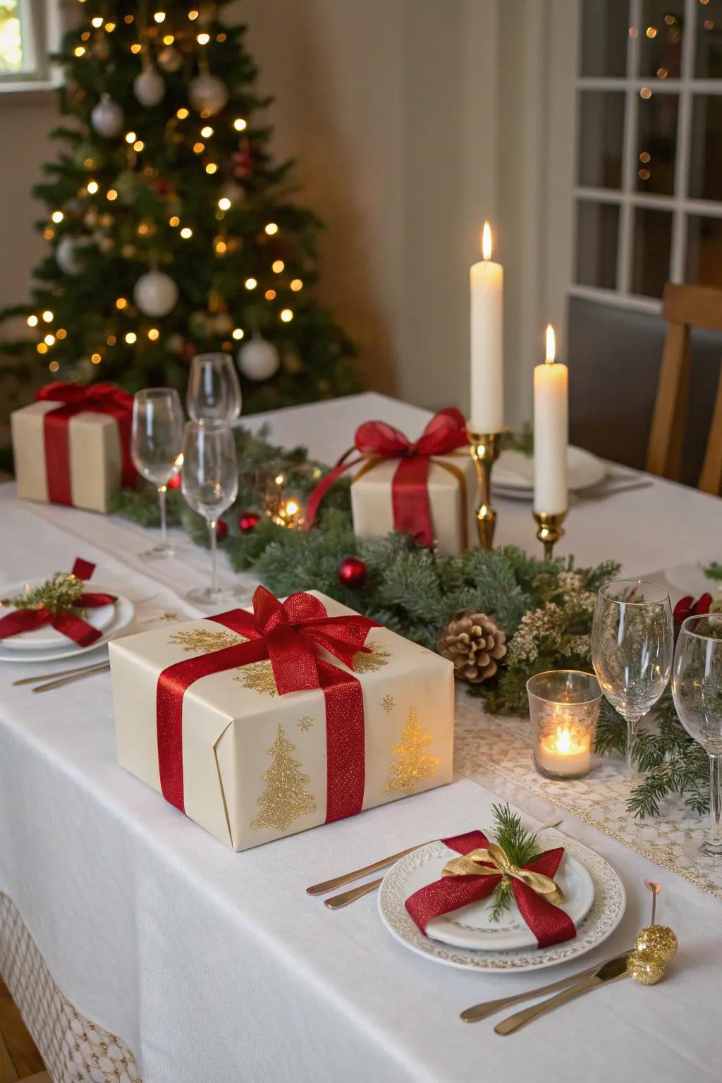 Ribbons add elegance and cohesiveness to the Christmas table setting.