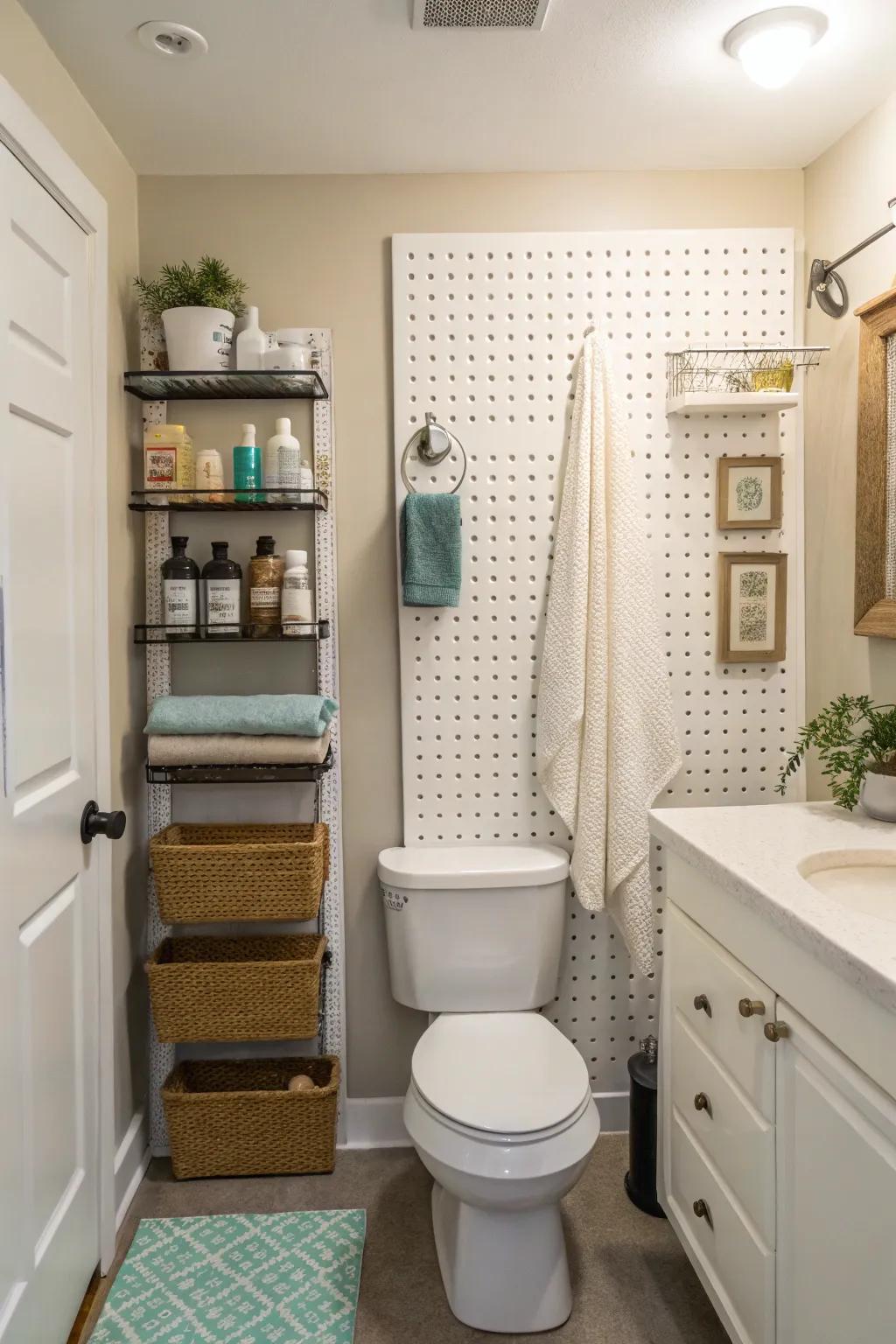 A pegboard provides a versatile and utilitarian storage solution.