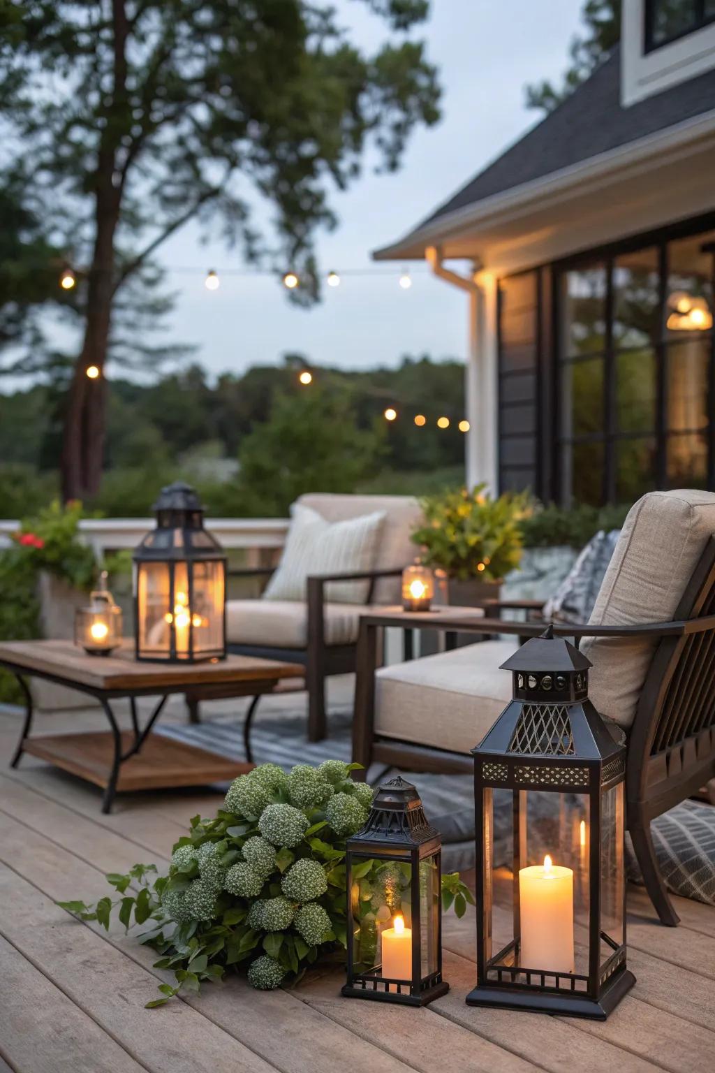 Transitional lanterns create a magical setting on a patio.