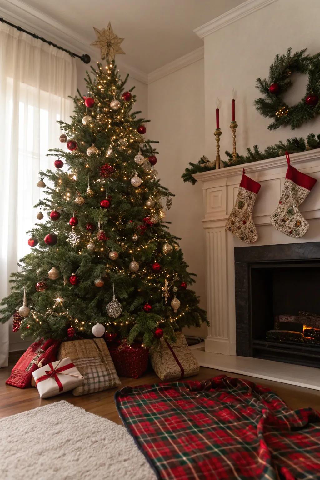 A plaid blanket adds a classic and cozy feel under your tree.