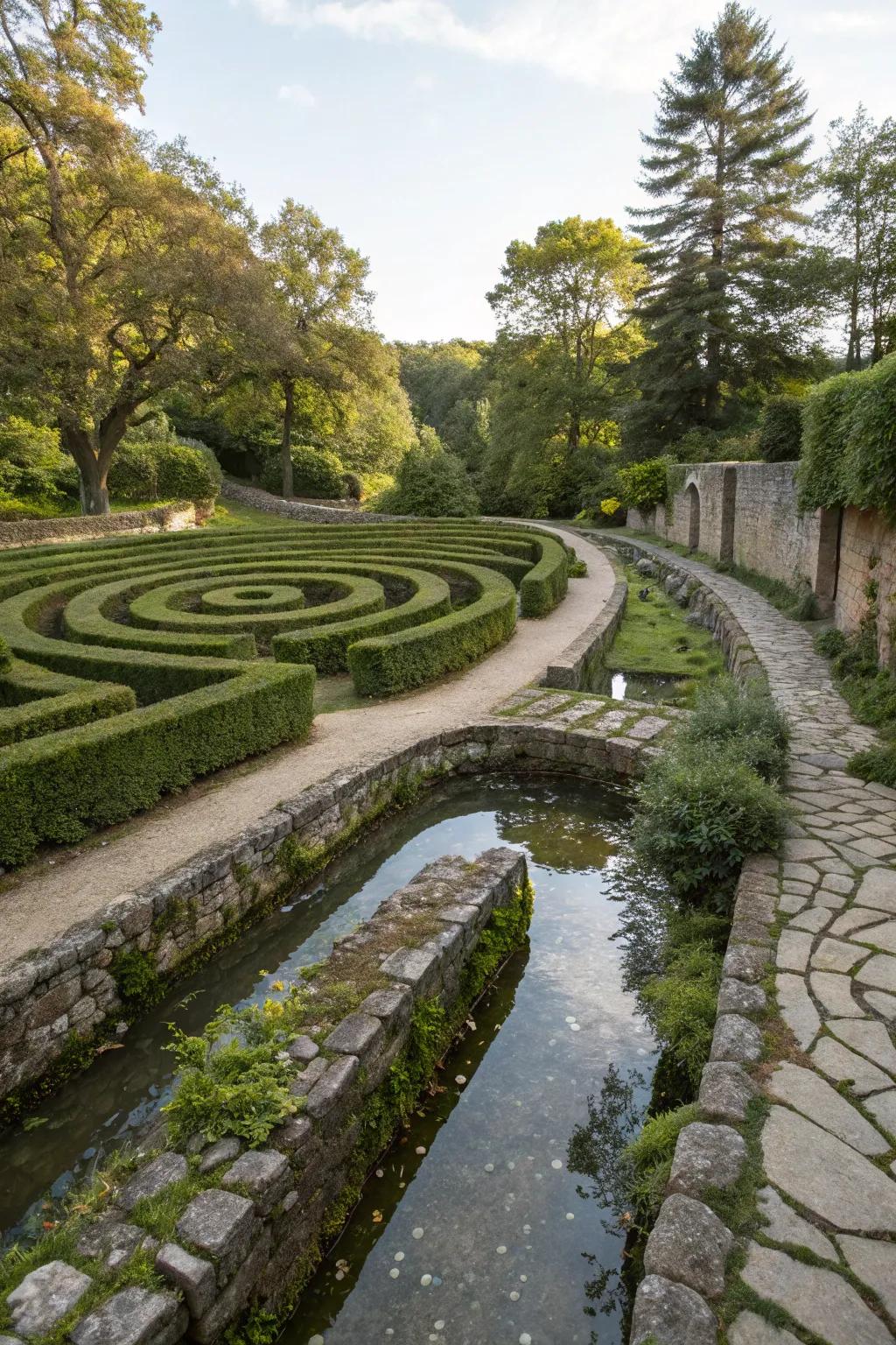 Navigate the playful pathways of a water labyrinth.