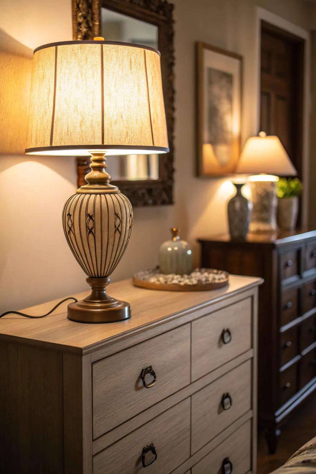 Lighting on a dresser enhances the cozy and inviting atmosphere of the bedroom.