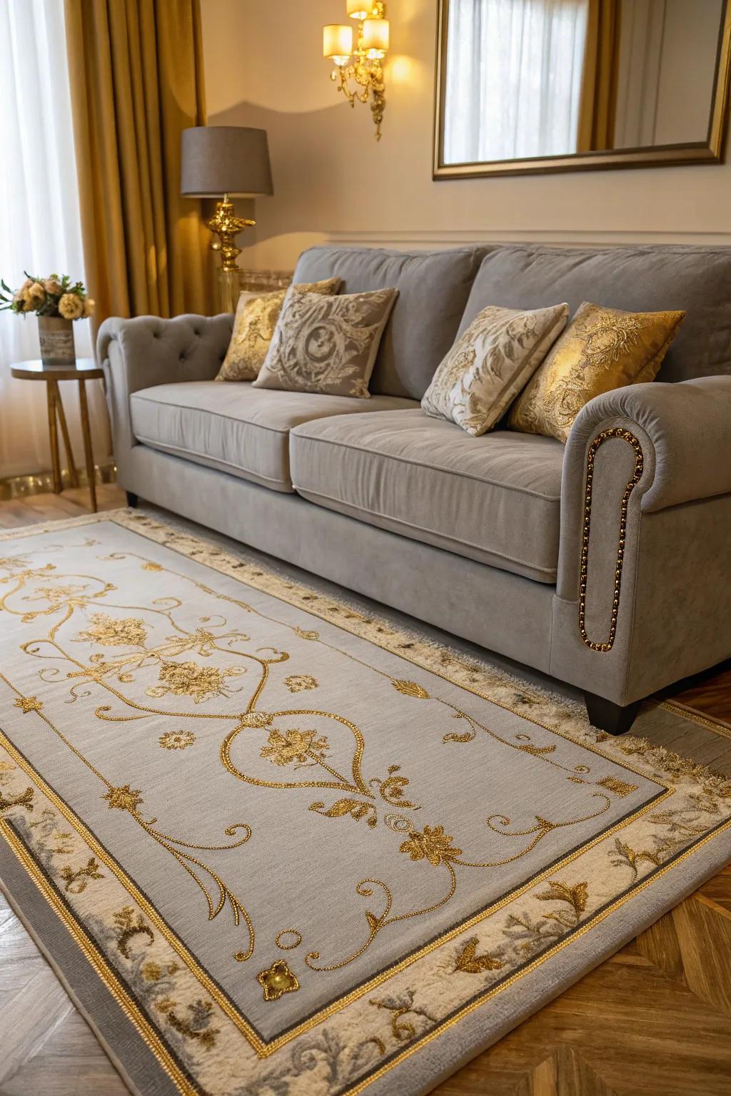 Gold accents add luxury and warmth to a living room with a grey couch.