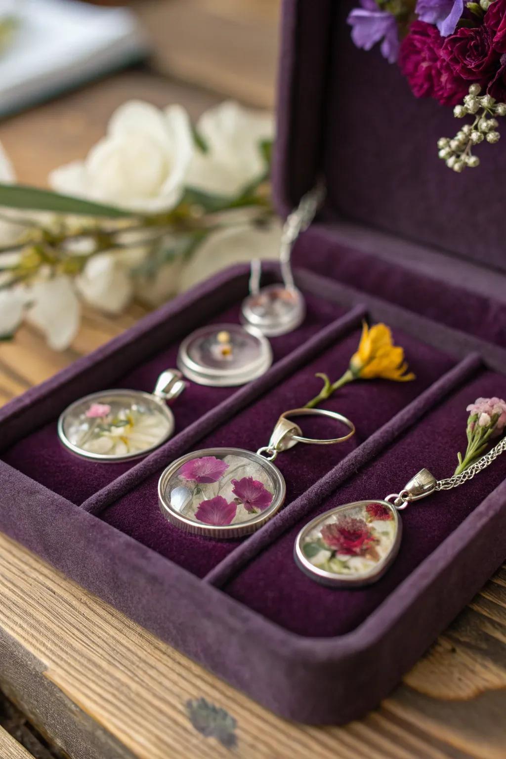 Resin jewelry pieces featuring embedded dried flower petals from a wedding bouquet, elegantly displayed on a tray.