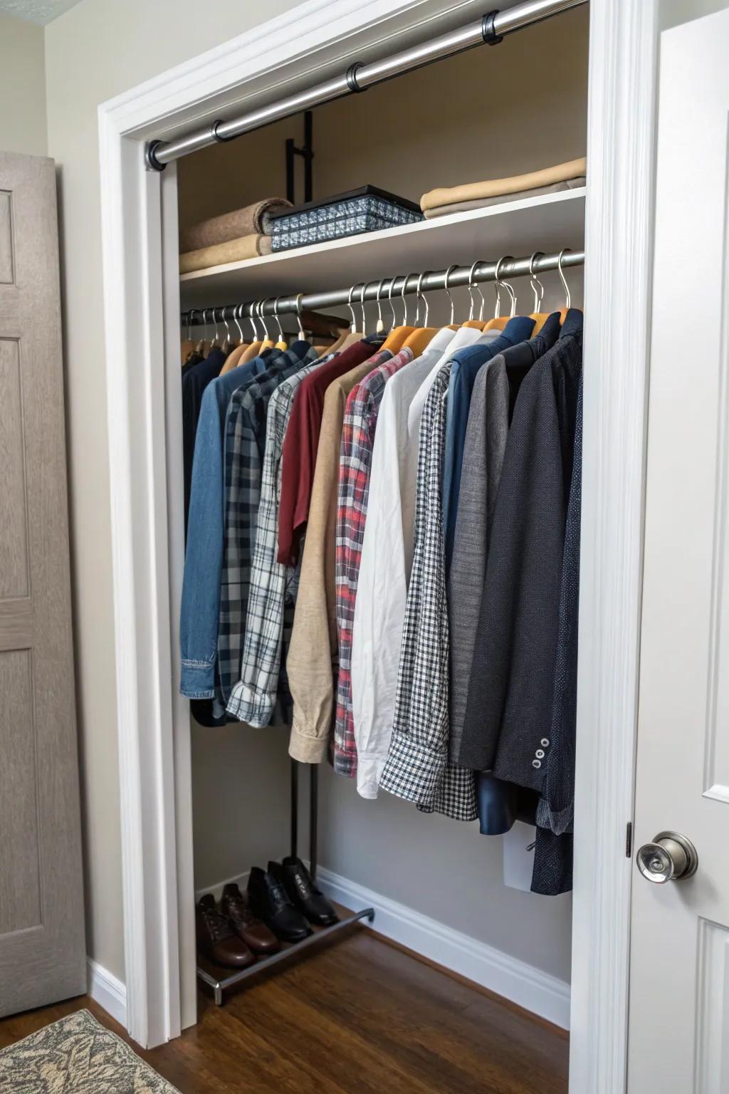 A rod doubler increases hanging capacity in compact closets.