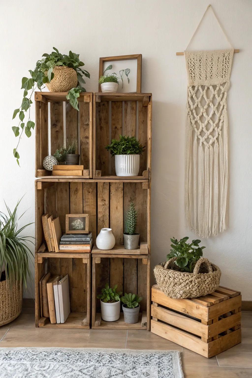 Embrace sustainable style with chic, creative shelving made from reclaimed wooden crates. Perfect for adding a touch of minimalist and boho charm to any space.