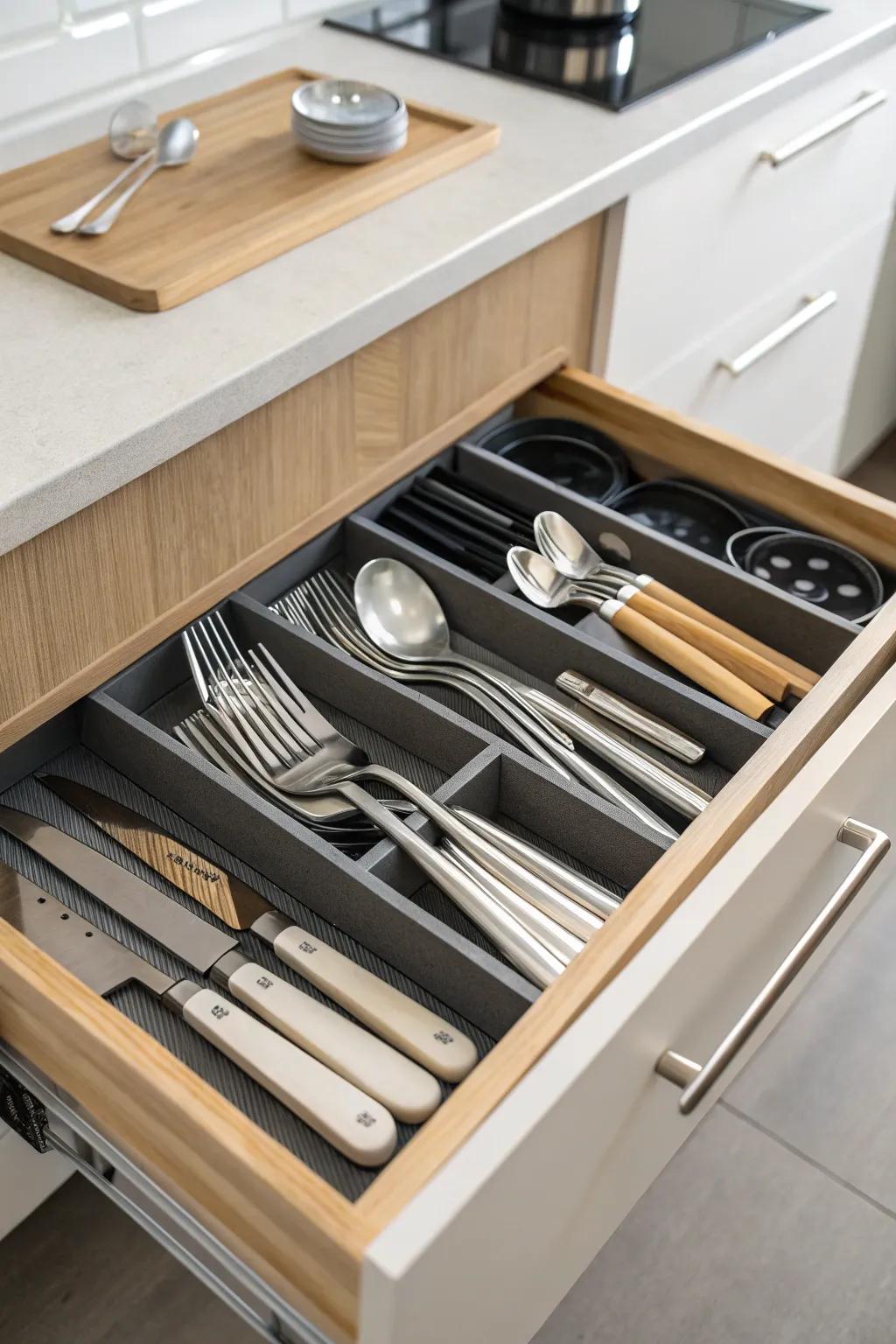 Drawer dividers bring order to kitchen chaos.