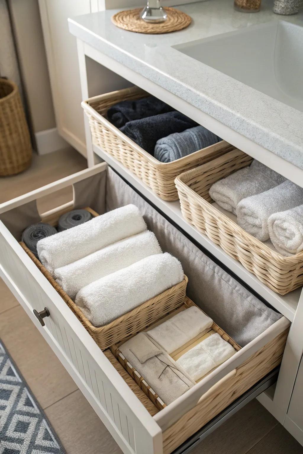 A bathroom drawer using deep baskets to organize bulkier items such as towels.