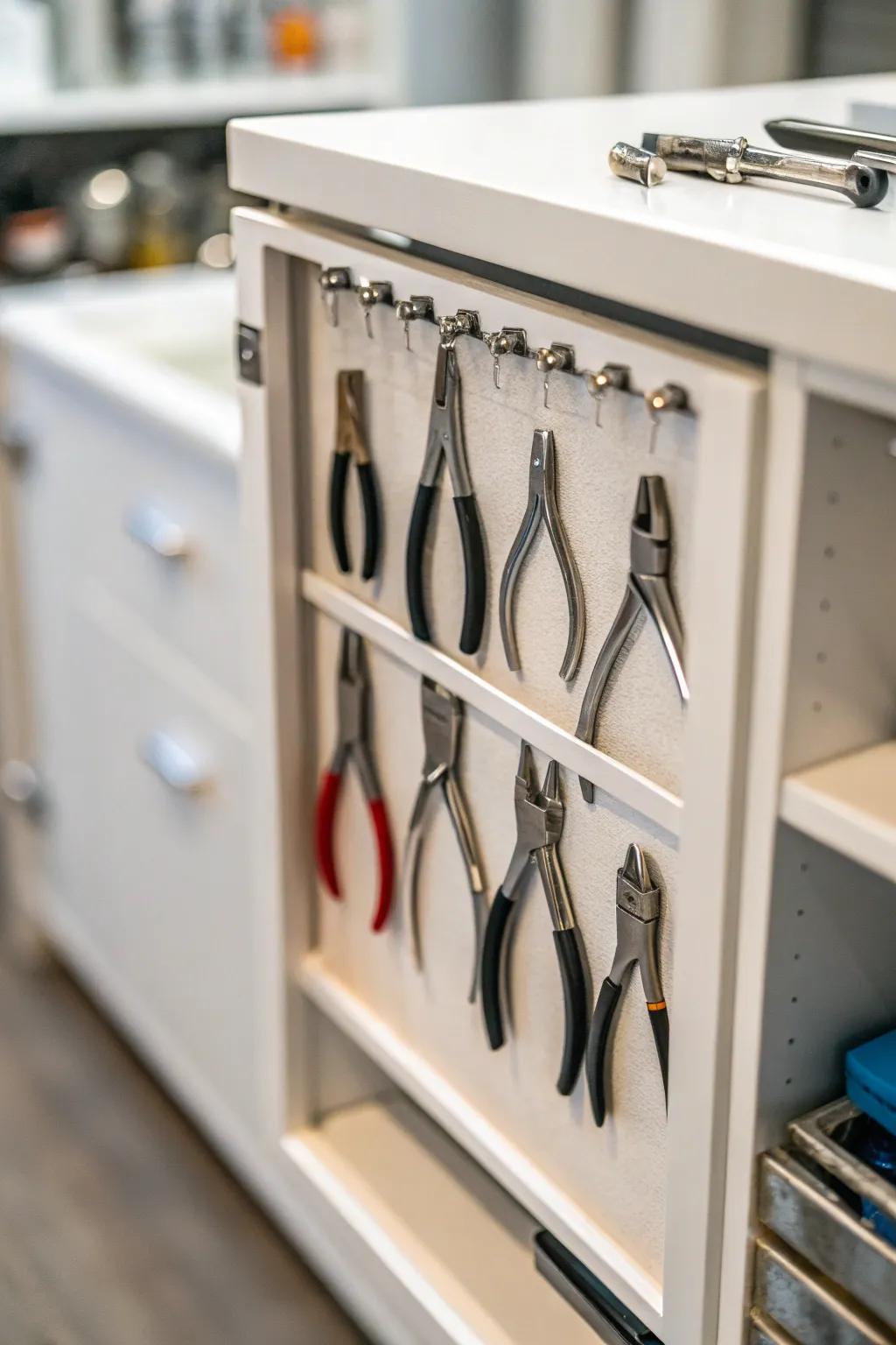 Hooks keep small tools accessible and organized.