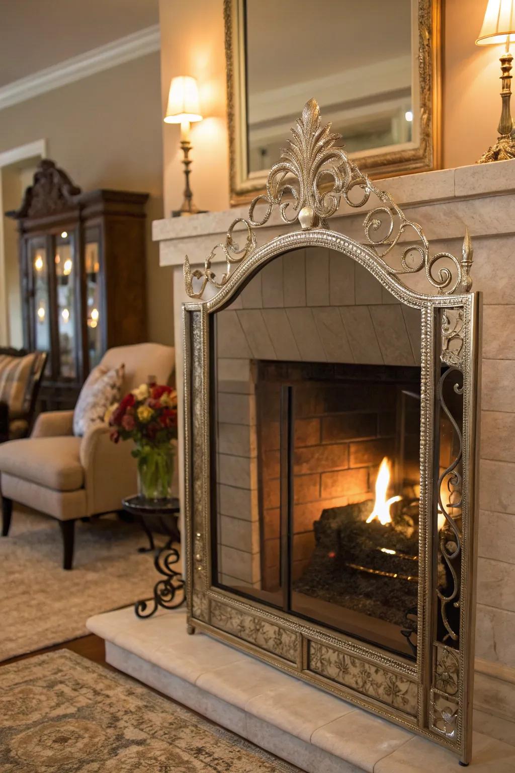 A stylish fireplace screen crafted from a repurposed mirror frame.