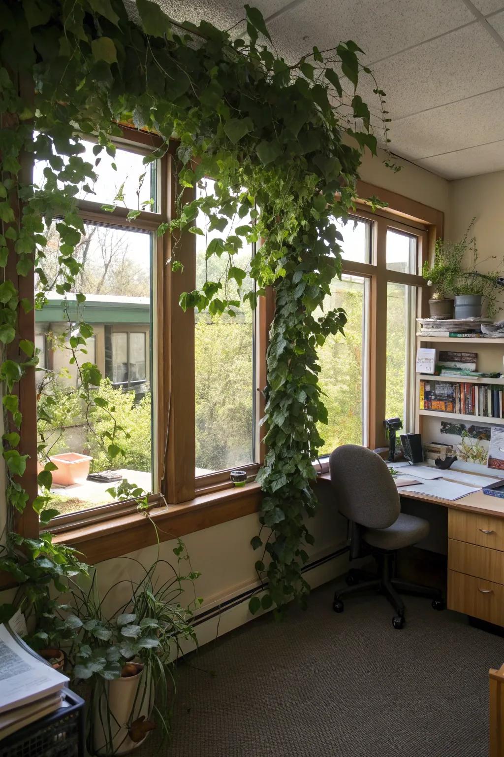 Vines around windows subtly highlight architectural features with greenery.