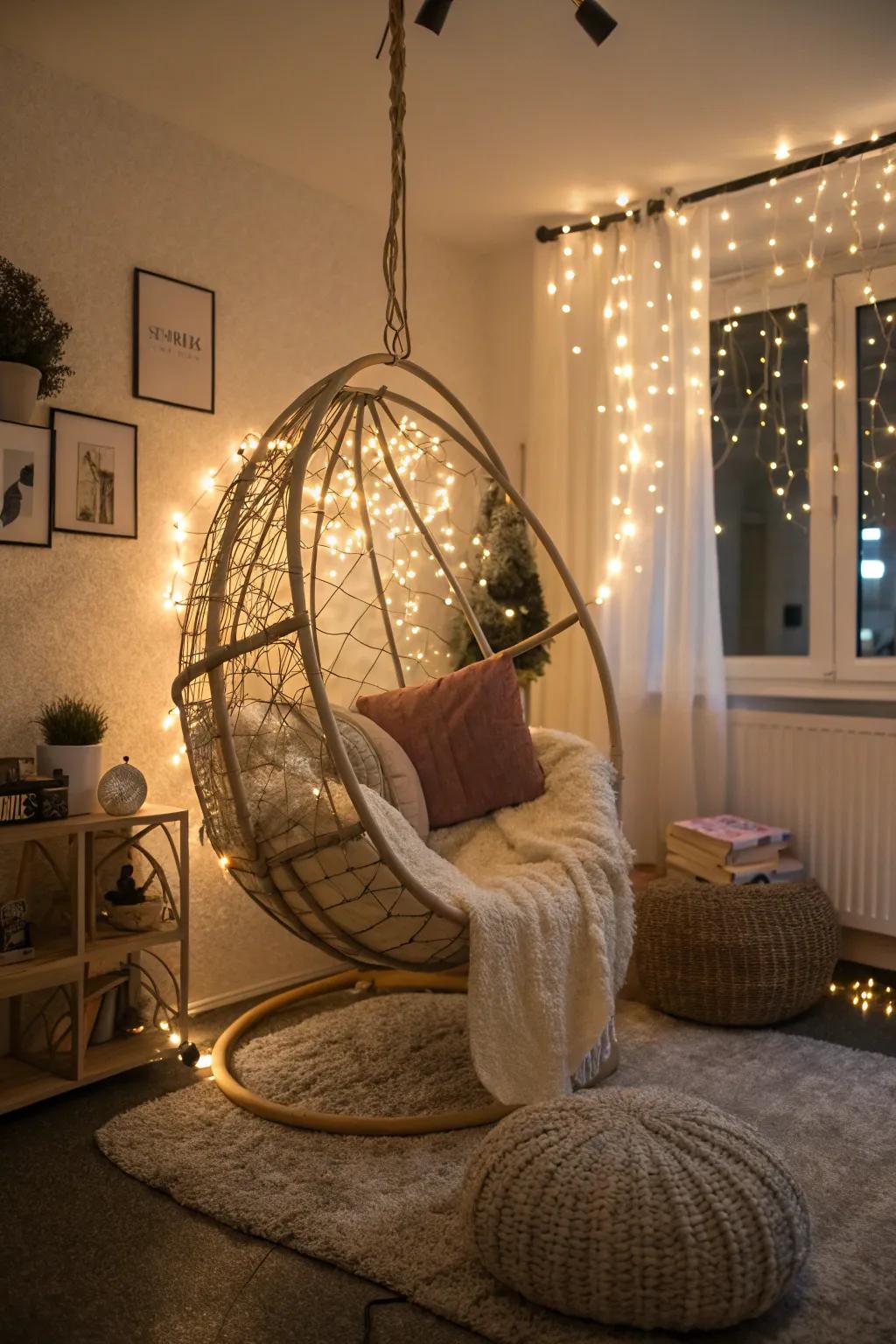 Enhance your hanging chair with the glow of string lights.