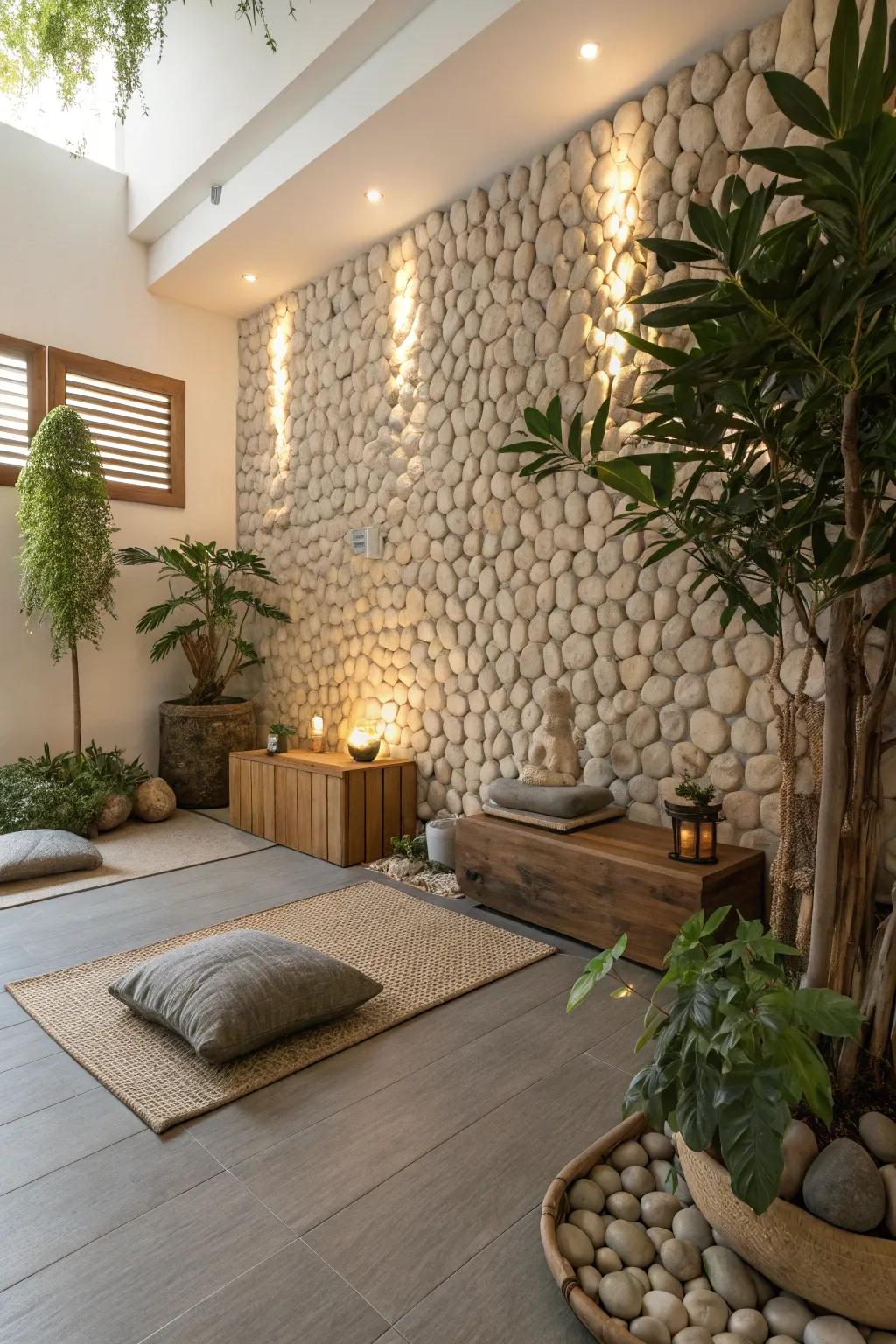 Embracing earthy vibes with a pebble stone wall.