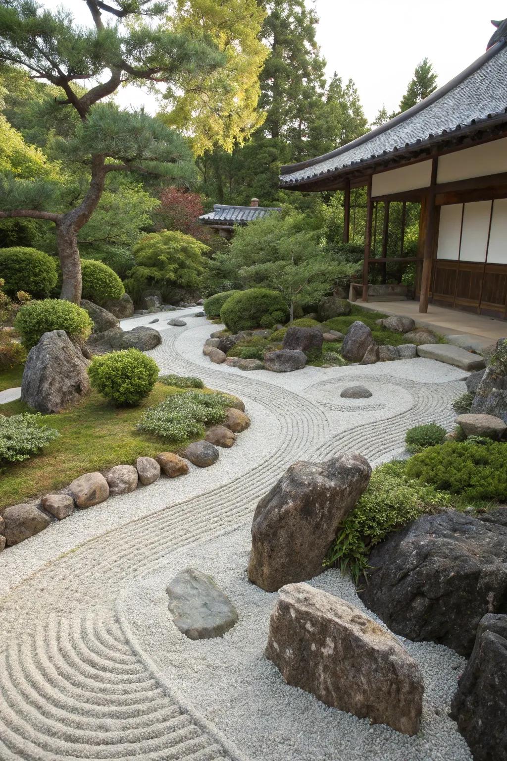 Zen garden featuring sustainable, recycled stone materials.