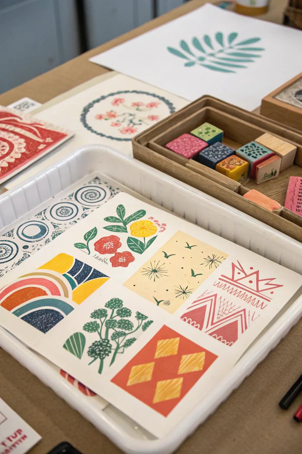 Create unique prints using carved foam trays as stamps.