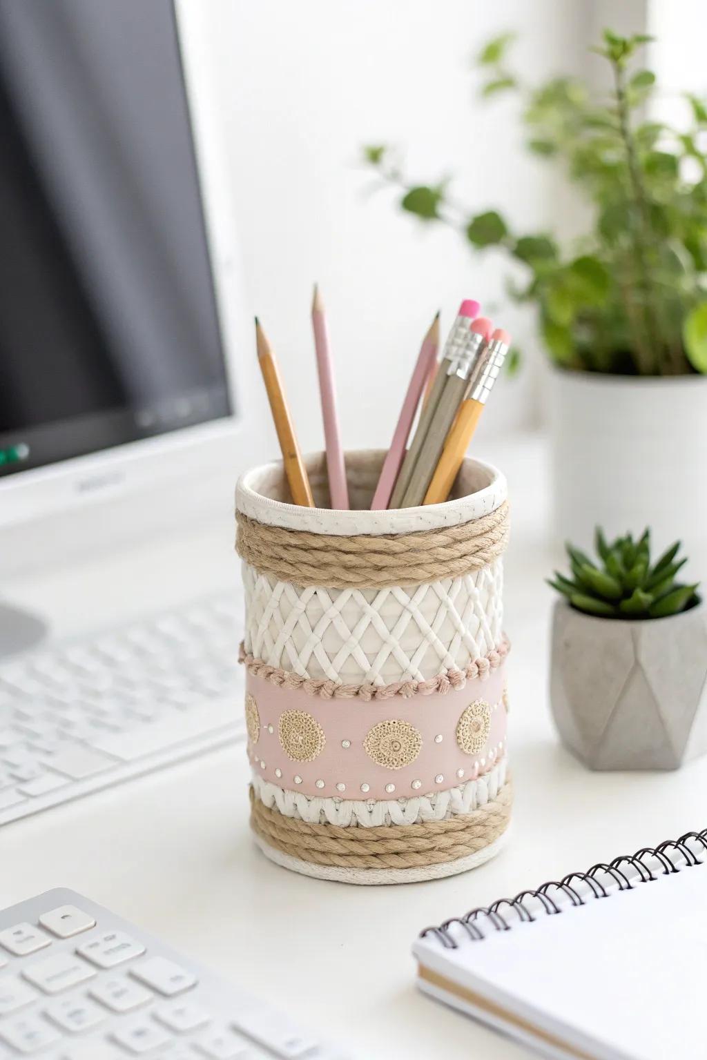 Transform your workspace with this charming K-Cup pencil holder, blending minimalist elegance with a boho twist.