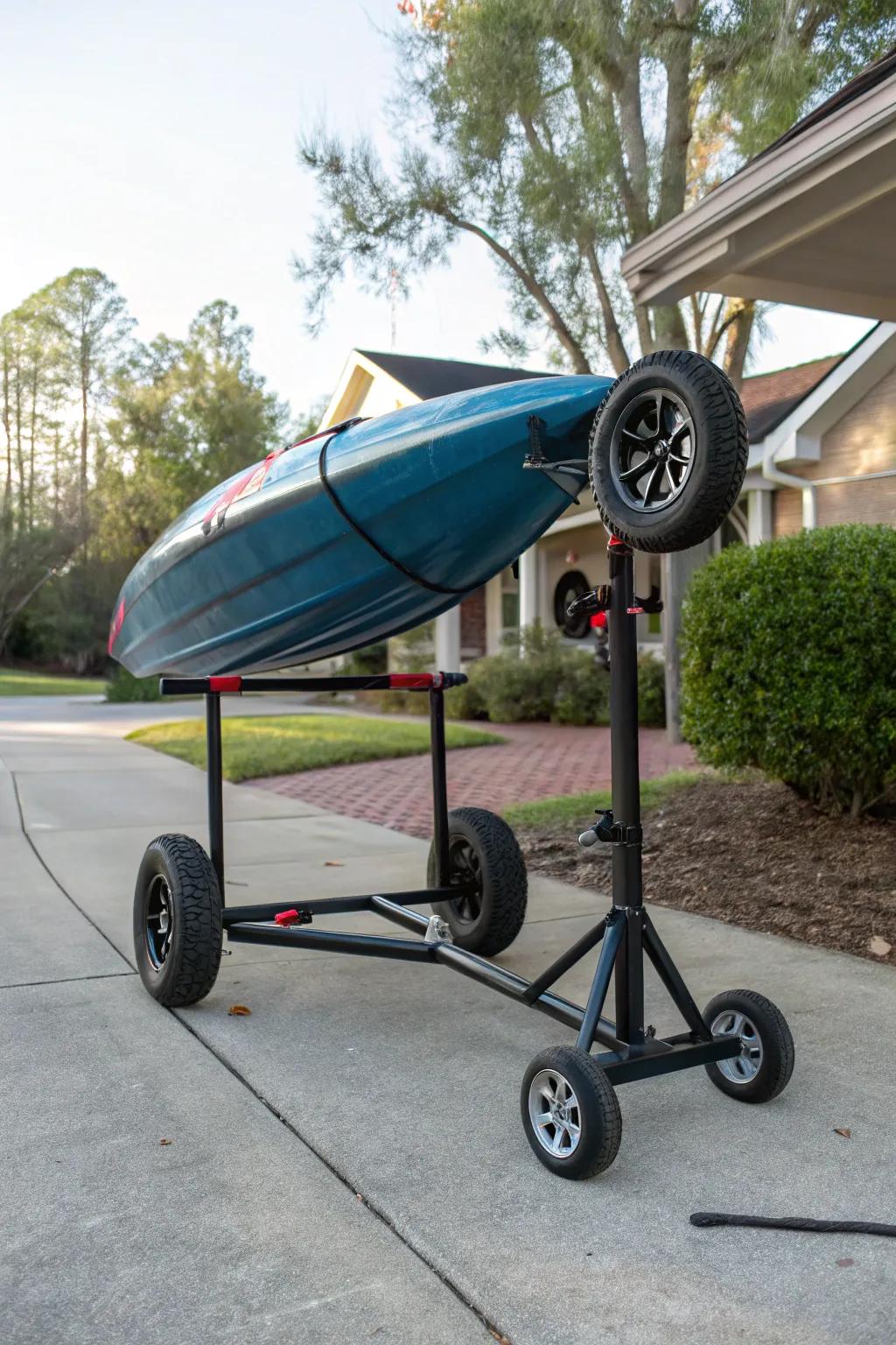 Mobile kayak storage with a wheeled stand.