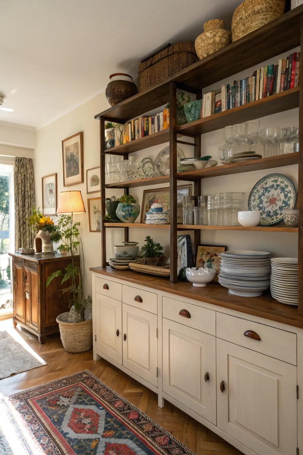 Open shelving adds an airy feel and practical storage to the keeping room.