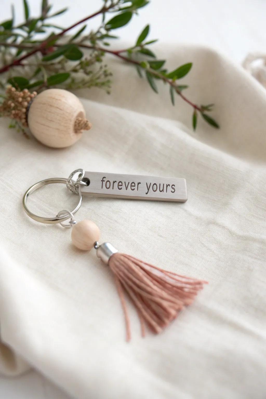 Carry love with you: a minimalist keychain that whispers 'Forever Yours'.